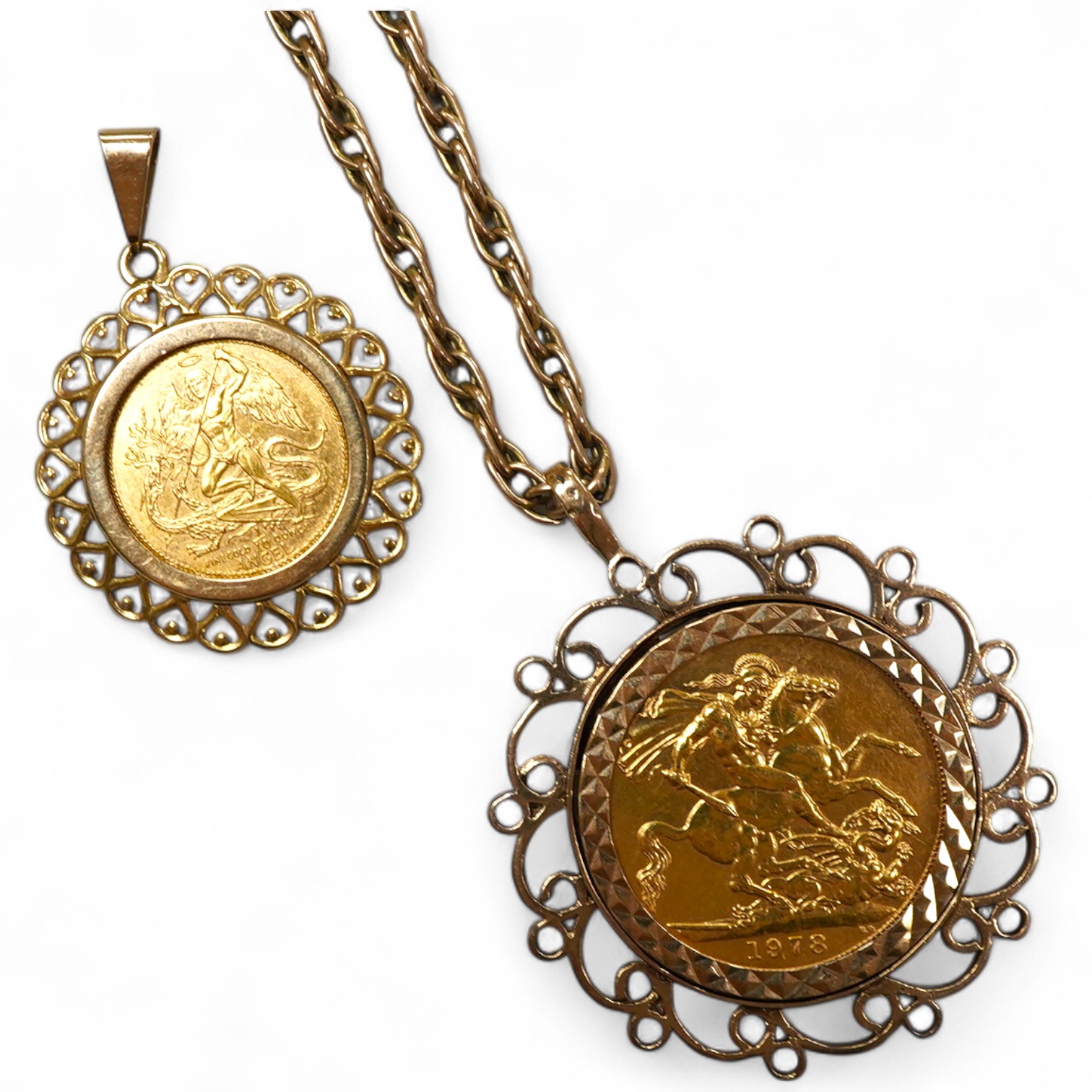 Two gold coin pendants, comprising: a pendant set with a sovereign coin dated 1978, mounted in 9ct gold gold, to a chain necklace, pendant length 4cm, British hallmarks, chain length 53cm, clasp stamped 9CT, gross weight